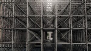Modular steel scaffolding structure in urban construction site
