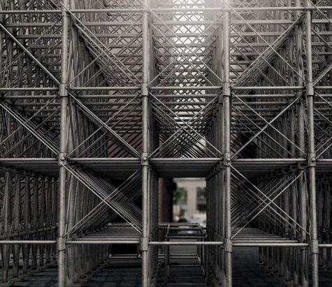 Modular steel scaffolding structure in urban construction site