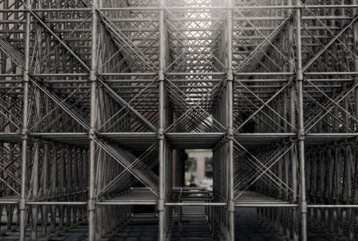 Modular steel scaffolding structure in urban construction site