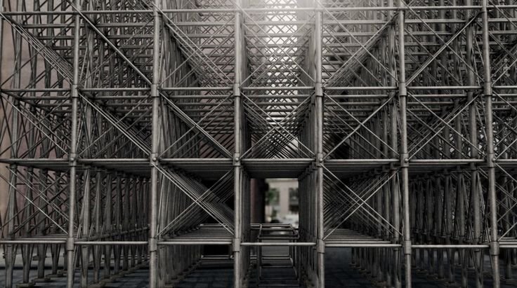 Modular steel scaffolding structure in urban construction site