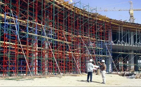 Construction scaffolding on a multi-story urban building site