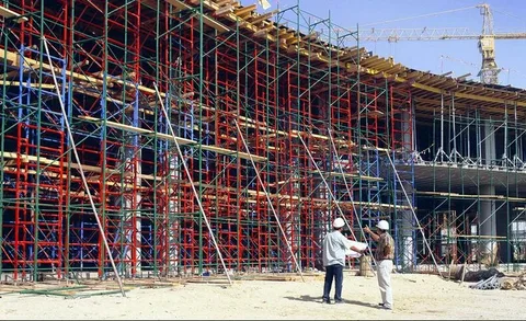 Construction scaffolding on a multi-story urban building site
