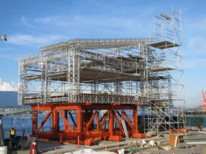 Large industrial scaffolding structure supporting a construction platform