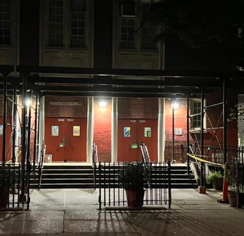 Sidewalk shed and pipe scaffolding PS 139 Brooklyn