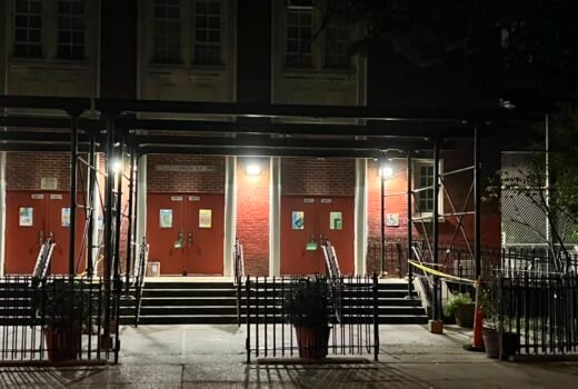 Sidewalk shed and pipe scaffolding PS 139 Brooklyn