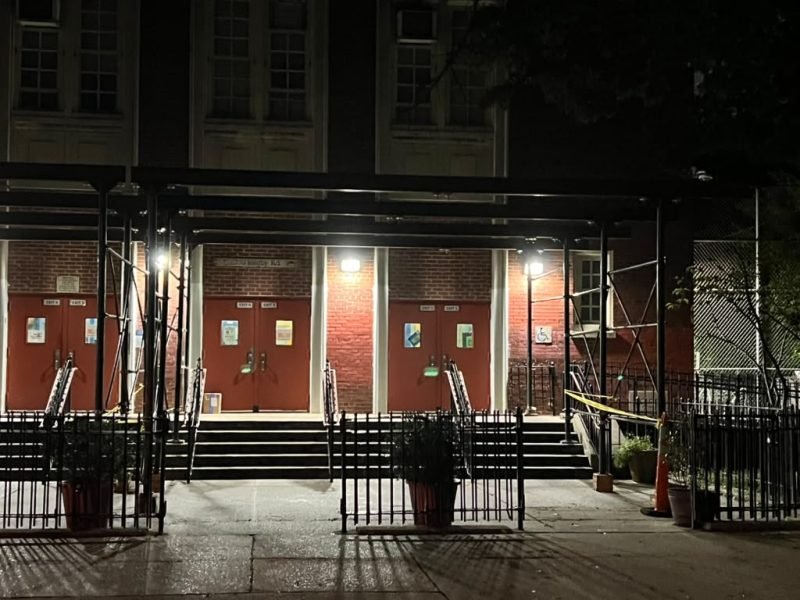 Sidewalk shed and pipe scaffolding PS 139 Brooklyn