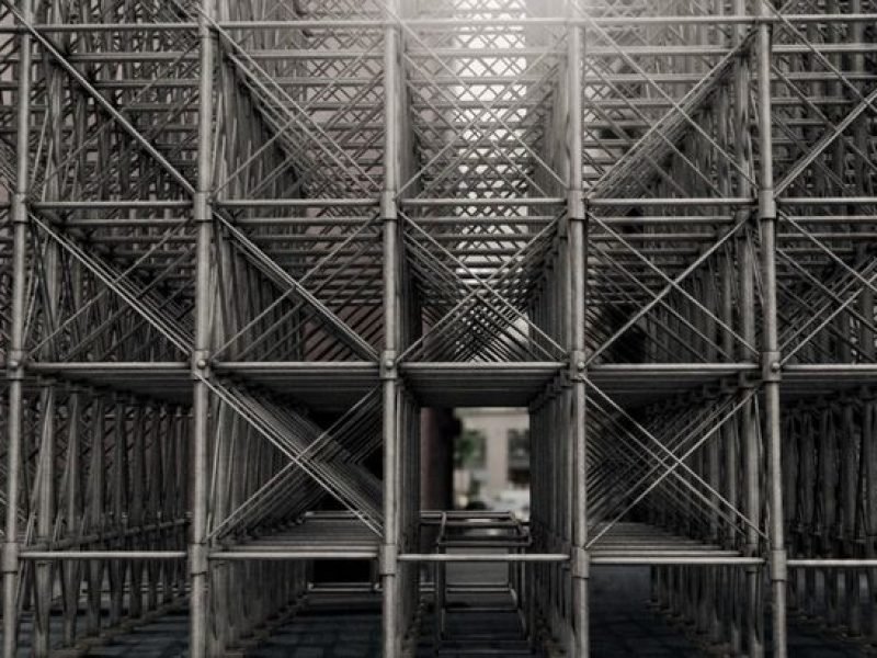 Modular steel scaffolding structure in urban construction site