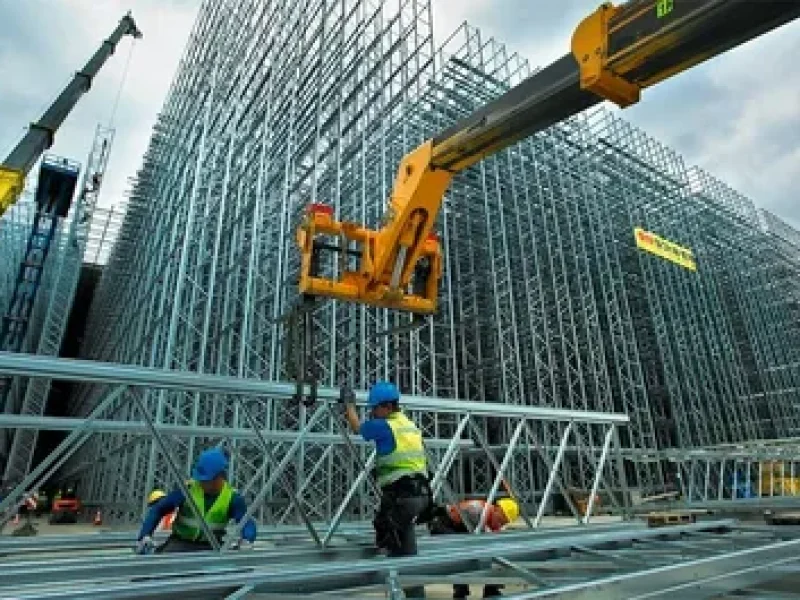 Worker assembling scaffolding indoors