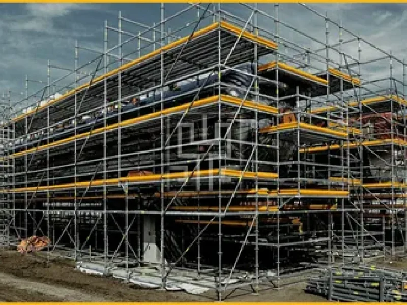 Industrial building fully surrounded by multi-level scaffolding during construction.
